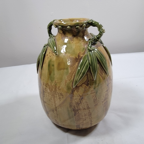 Vintage Handmade Glazed Pottery 8" Tall Earth Tones Bamboo Leaf DetailVase Sign - Picture 7 of 11